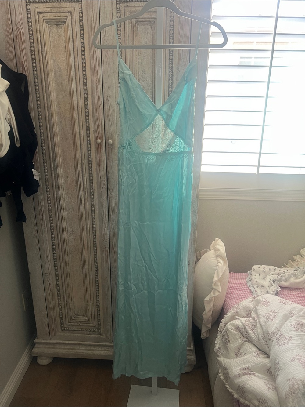 SNDYS Light Aqua Maxi Slip Dress with Lace Detail